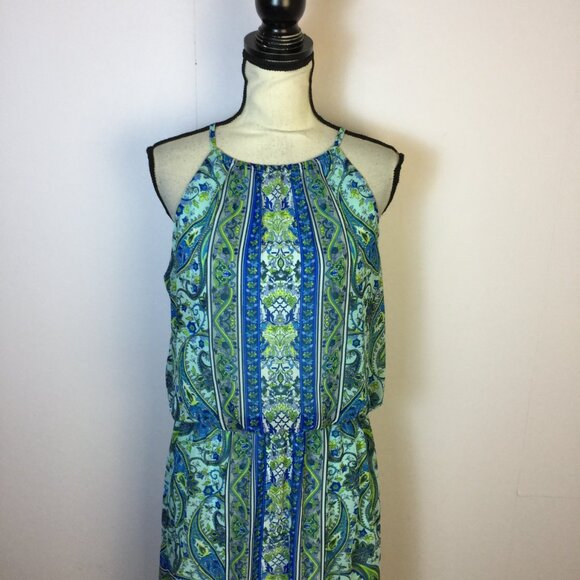 London Times Blouson Dress Size 12 Womans Blue Paisley Halter Neck Sleeveless - Picture 4 of 13
